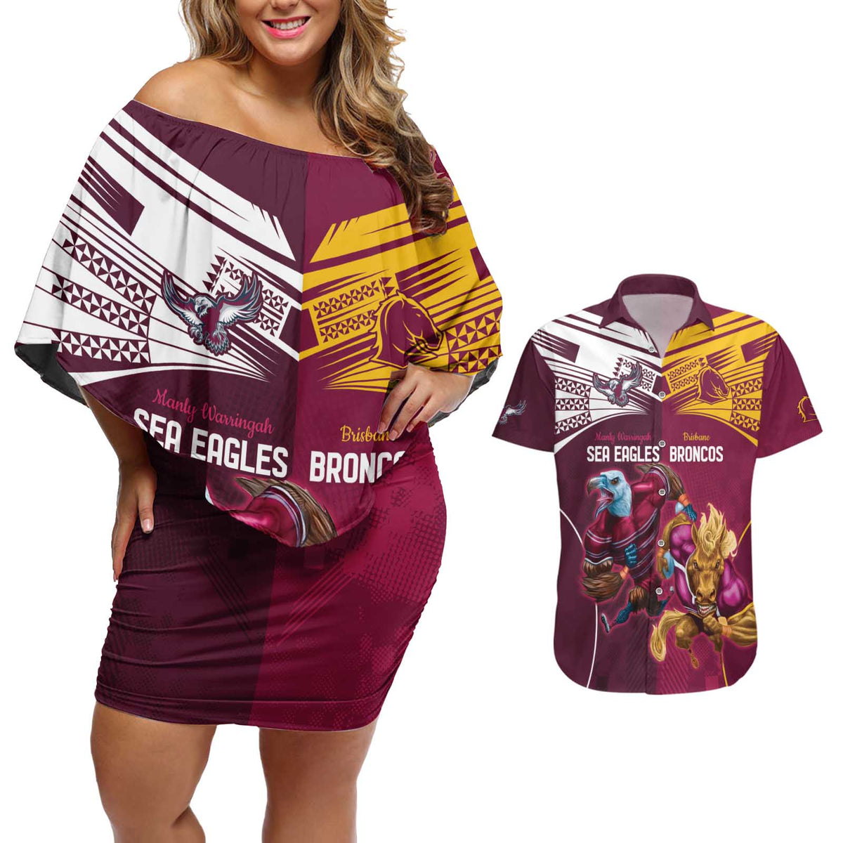 Custom Sea Eagles And Broncos Rugby Couples Matching Off Shoulder Short Dress and Hawaiian Shirt Sporty Style