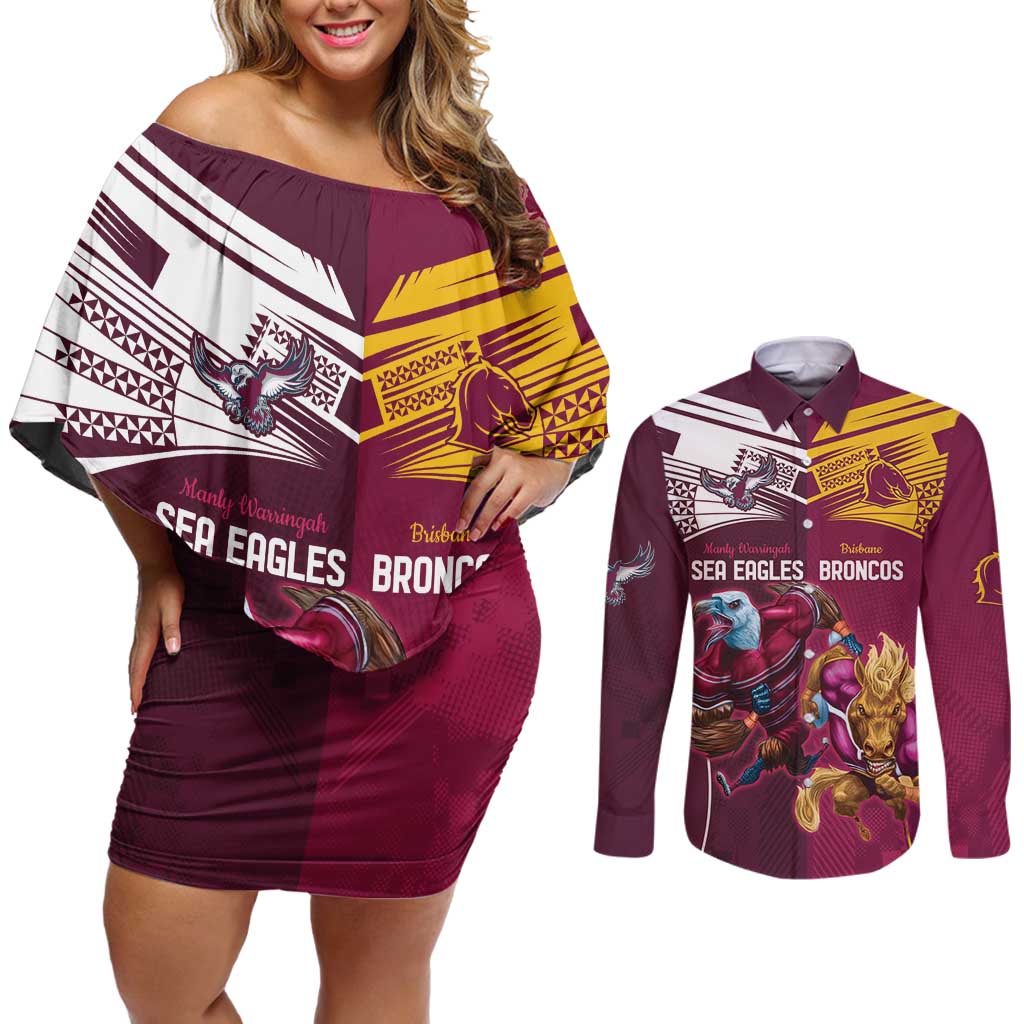 Custom Sea Eagles And Broncos Rugby Couples Matching Off Shoulder Short Dress and Long Sleeve Button Shirt Sporty Style