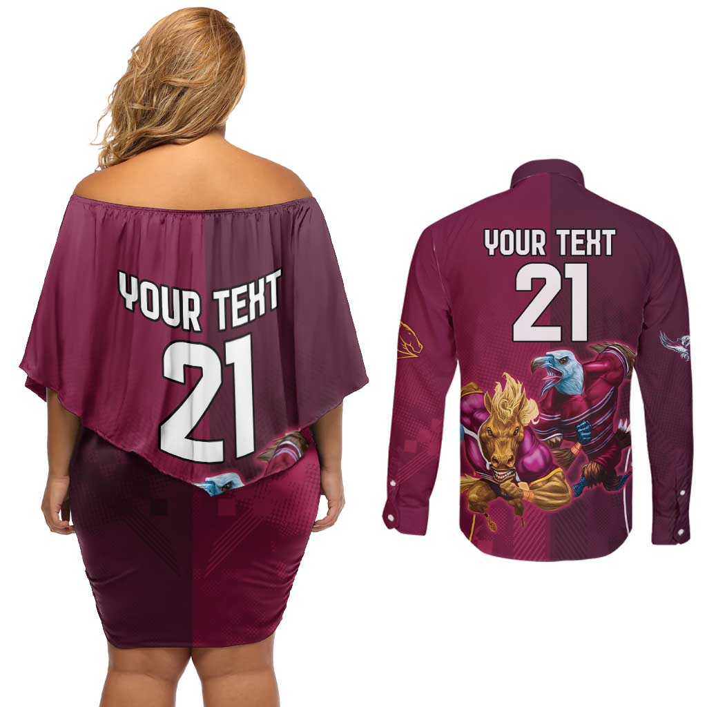Custom Sea Eagles And Broncos Rugby Couples Matching Off Shoulder Short Dress and Long Sleeve Button Shirt Sporty Style