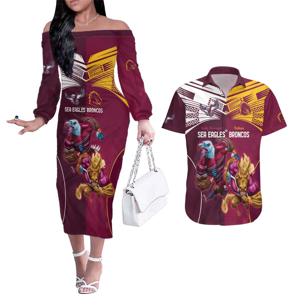 Custom Sea Eagles And Broncos Rugby Couples Matching Off The Shoulder Long Sleeve Dress and Hawaiian Shirt Sporty Style