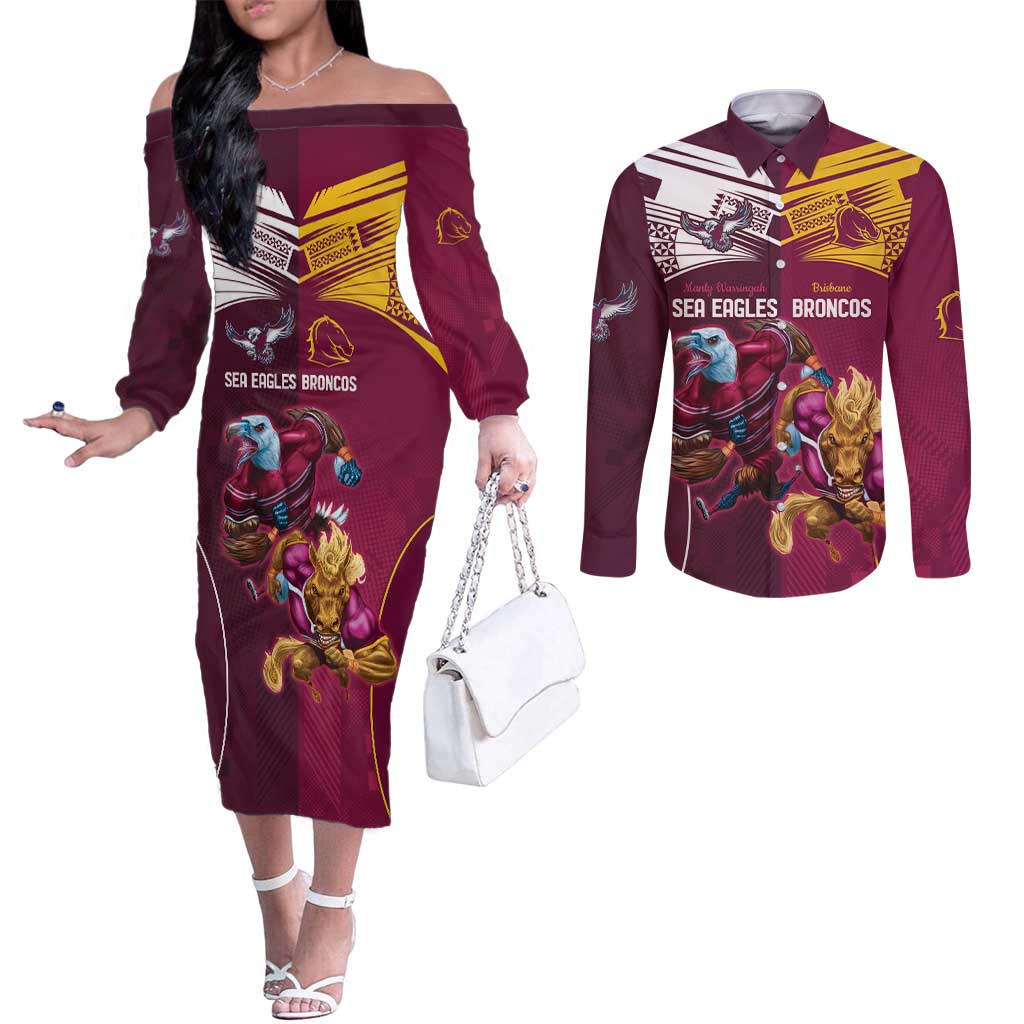 Custom Sea Eagles And Broncos Rugby Couples Matching Off The Shoulder Long Sleeve Dress and Long Sleeve Button Shirt Sporty Style