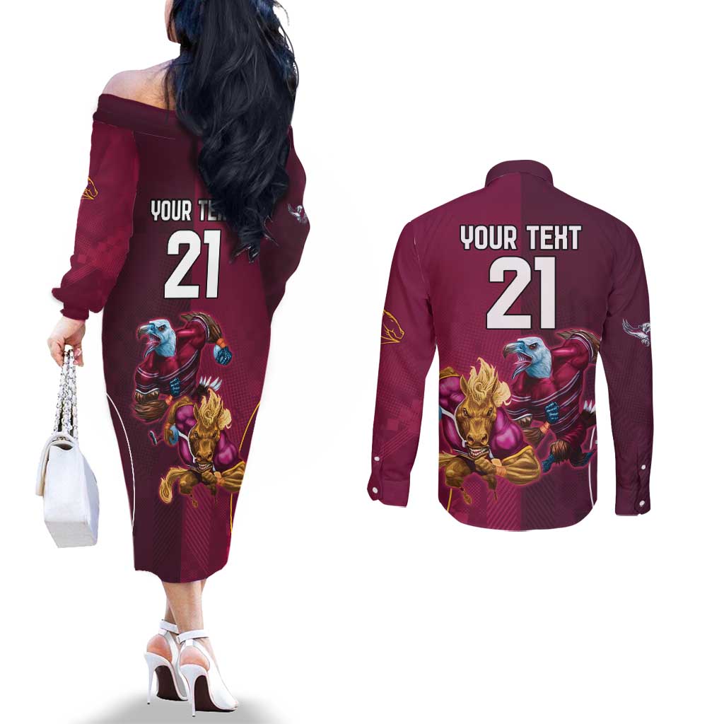 Custom Sea Eagles And Broncos Rugby Couples Matching Off The Shoulder Long Sleeve Dress and Long Sleeve Button Shirt Sporty Style