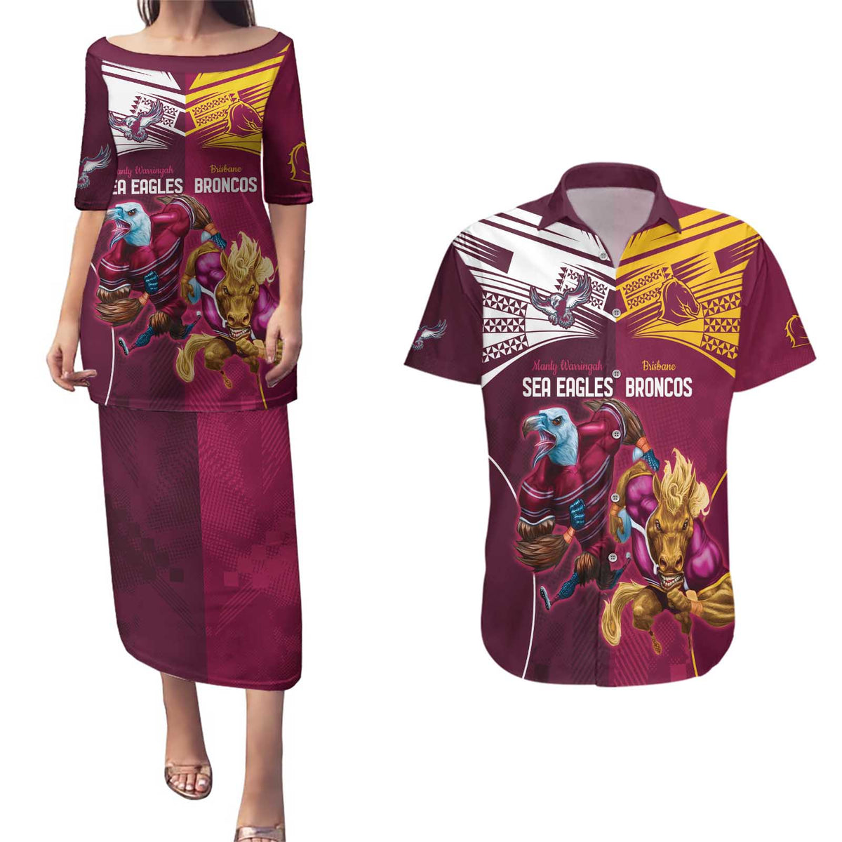 Custom Sea Eagles And Broncos Rugby Couples Matching Puletasi and Hawaiian Shirt Sporty Style