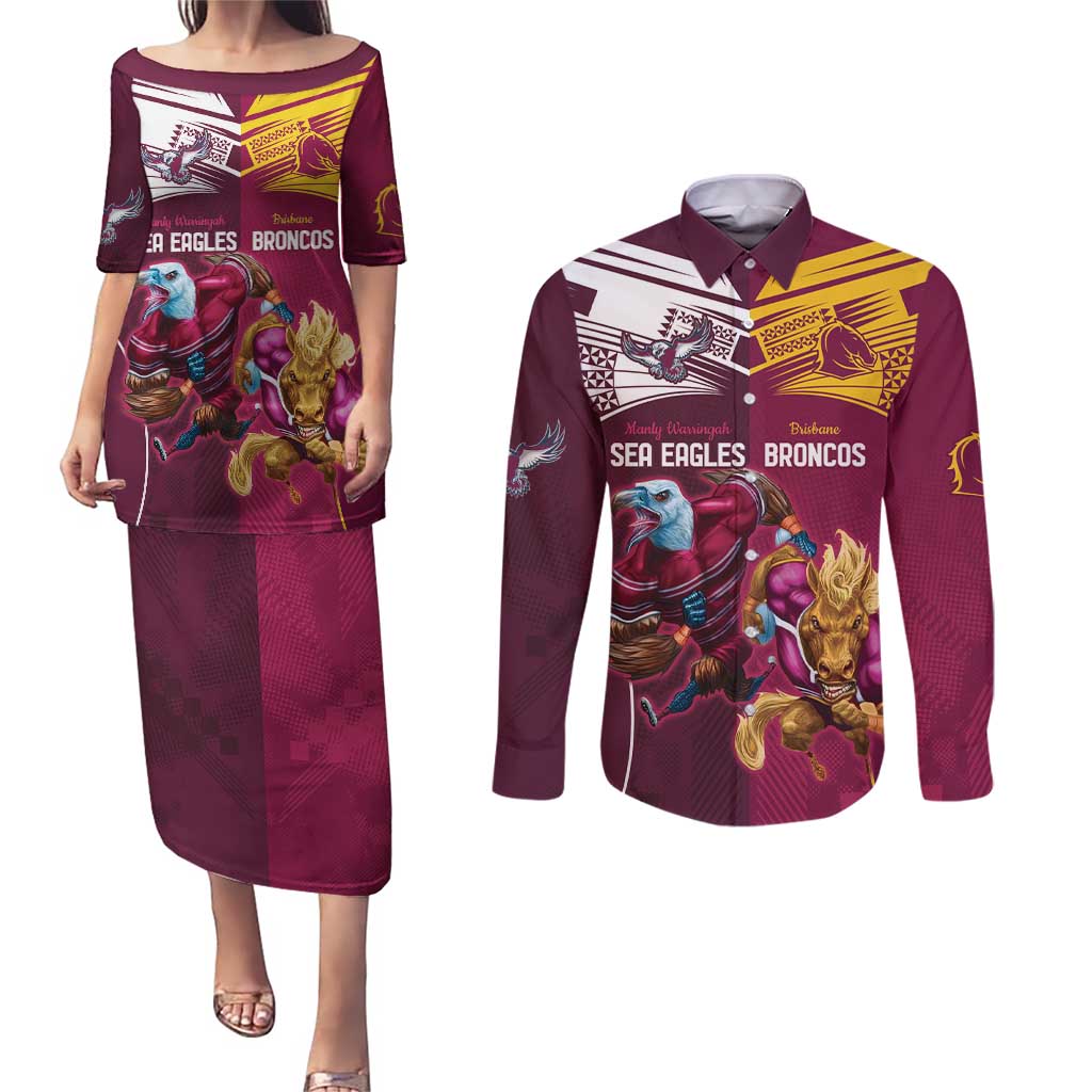 Custom Sea Eagles And Broncos Rugby Couples Matching Puletasi and Long Sleeve Button Shirt Sporty Style