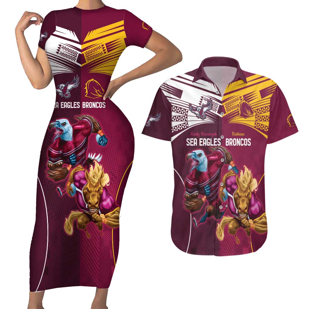 Custom Sea Eagles And Broncos Rugby Couples Matching Short Sleeve Bodycon Dress and Hawaiian Shirt Sporty Style