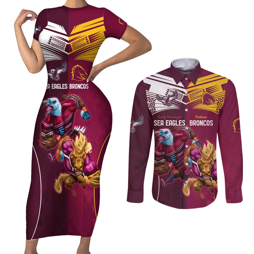 Custom Sea Eagles And Broncos Rugby Couples Matching Short Sleeve Bodycon Dress and Long Sleeve Button Shirt Sporty Style