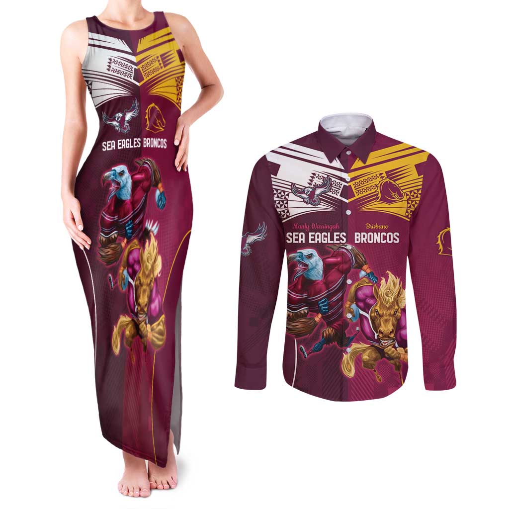 Custom Sea Eagles And Broncos Rugby Couples Matching Tank Maxi Dress and Long Sleeve Button Shirt Sporty Style