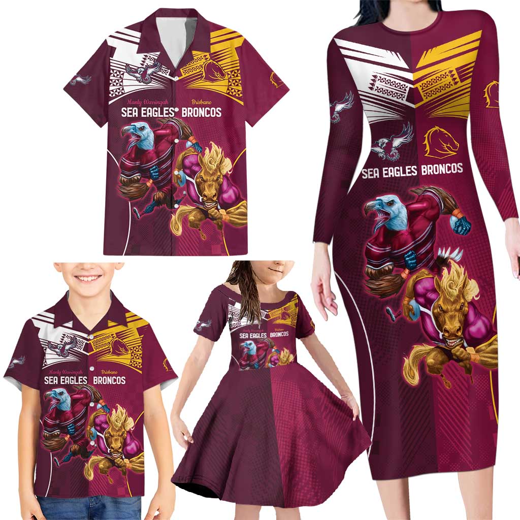 Custom Sea Eagles And Broncos Rugby Family Matching Long Sleeve Bodycon Dress and Hawaiian Shirt Sporty Style
