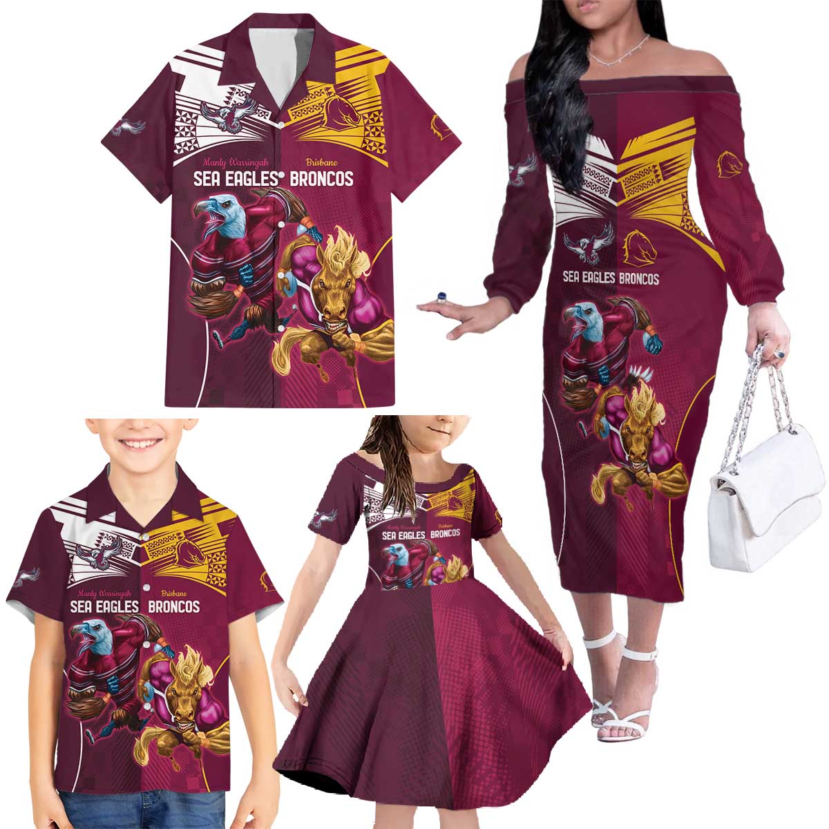 Custom Sea Eagles And Broncos Rugby Family Matching Off The Shoulder Long Sleeve Dress and Hawaiian Shirt Sporty Style