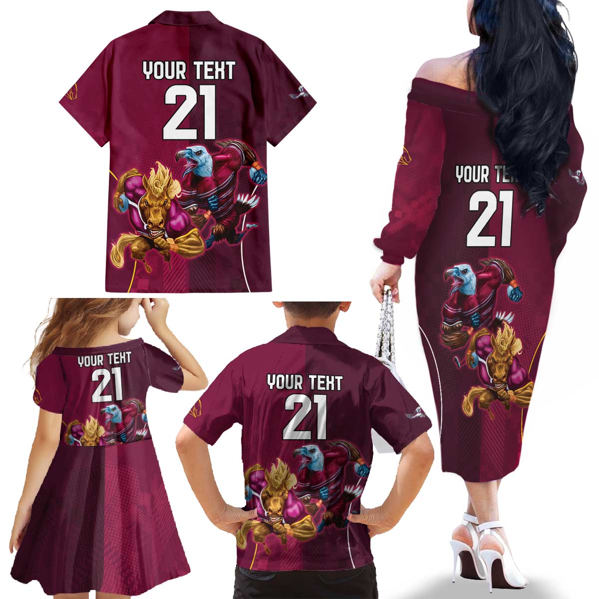 Custom Sea Eagles And Broncos Rugby Family Matching Off The Shoulder Long Sleeve Dress and Hawaiian Shirt Sporty Style