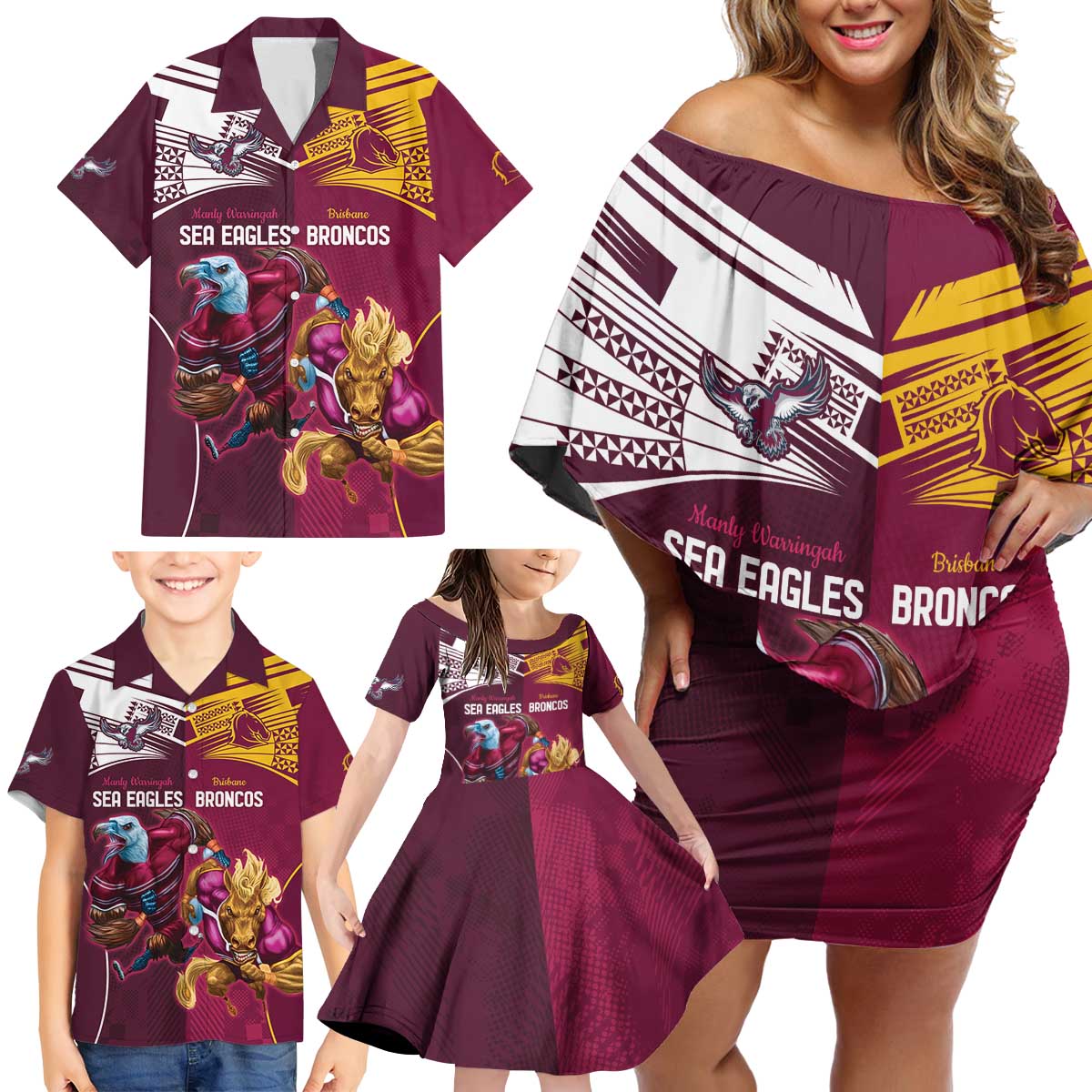 Custom Sea Eagles And Broncos Rugby Family Matching Off Shoulder Short Dress and Hawaiian Shirt Sporty Style