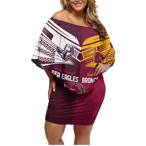 Custom Sea Eagles And Broncos Rugby Family Matching Off Shoulder Short Dress and Hawaiian Shirt Sporty Style