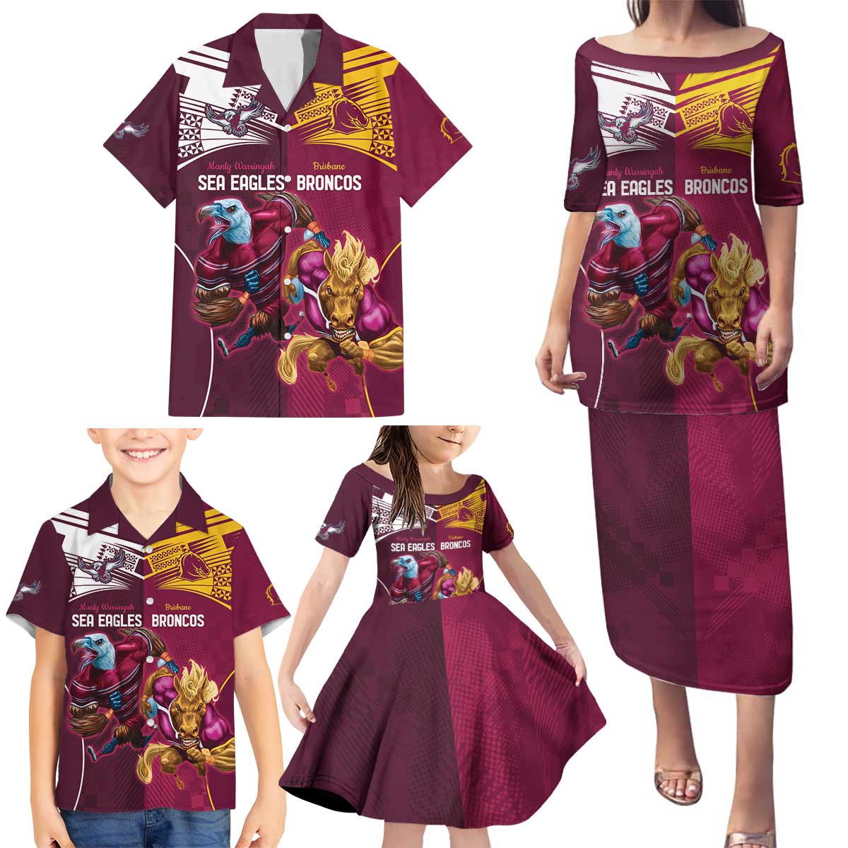 Custom Sea Eagles And Broncos Rugby Family Matching Puletasi and Hawaiian Shirt Sporty Style