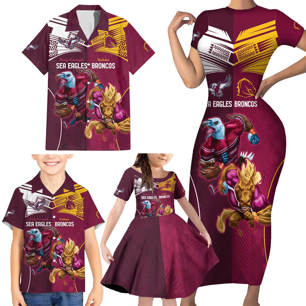 Custom Sea Eagles And Broncos Rugby Family Matching Short Sleeve Bodycon Dress and Hawaiian Shirt Sporty Style