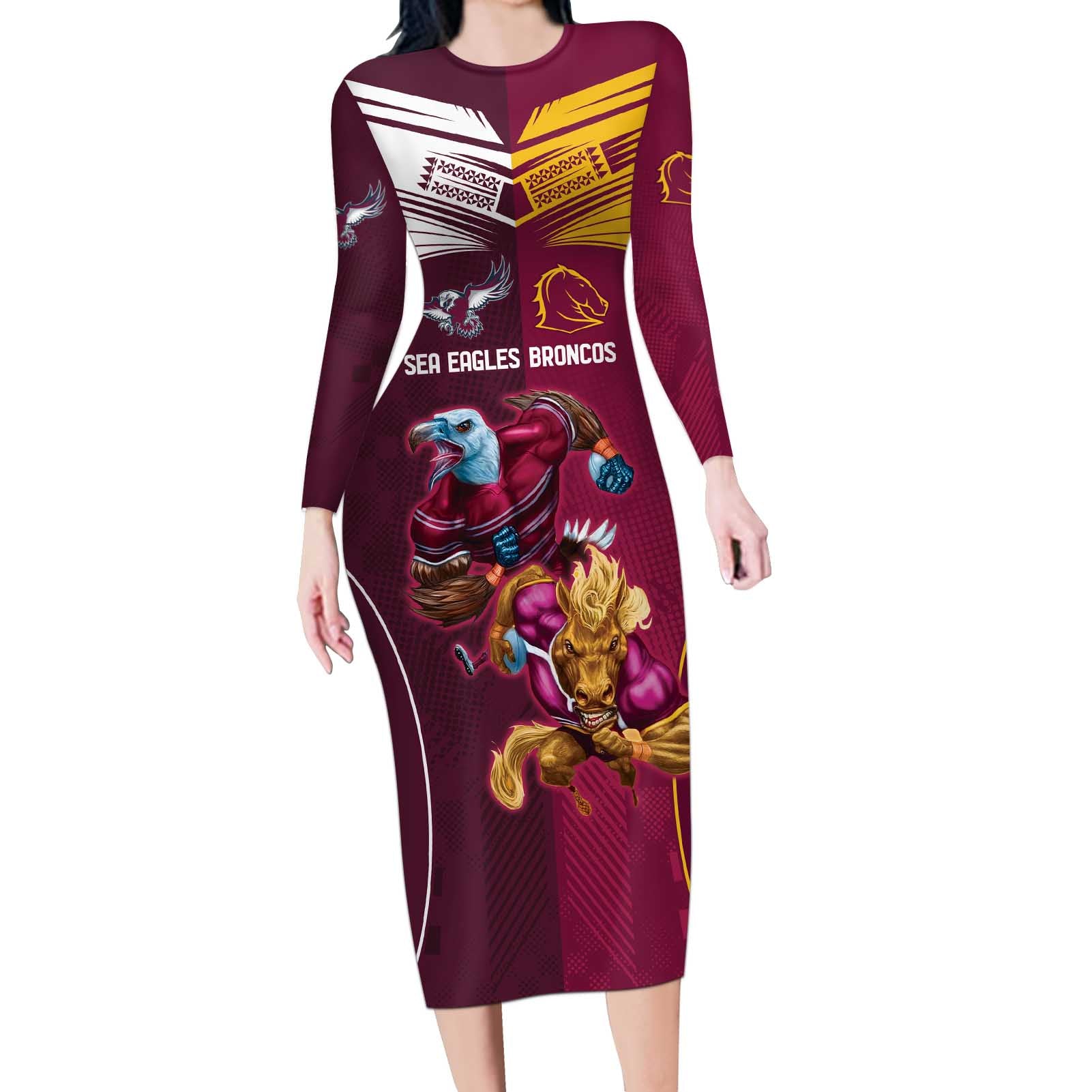 Custom Sea Eagles And Broncos Rugby Long Sleeve Bodycon Dress Sporty Style