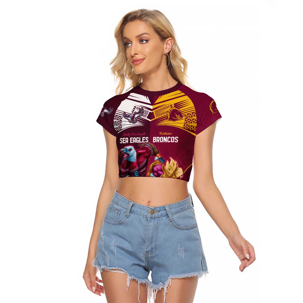 Custom Sea Eagles And Broncos Rugby Raglan Cropped T Shirt Sporty Style