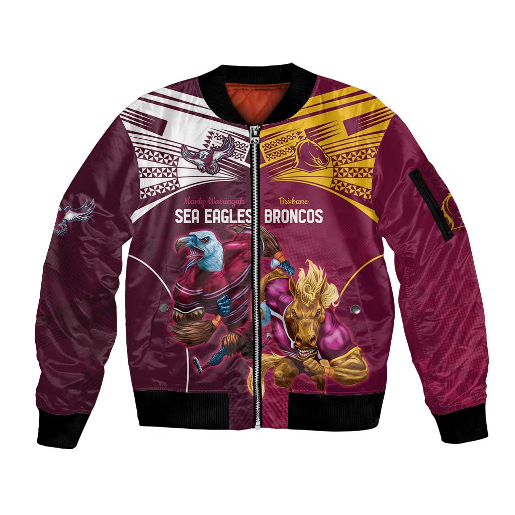 Custom Sea Eagles And Broncos Rugby Sleeve Zip Bomber Jacket Sporty Style