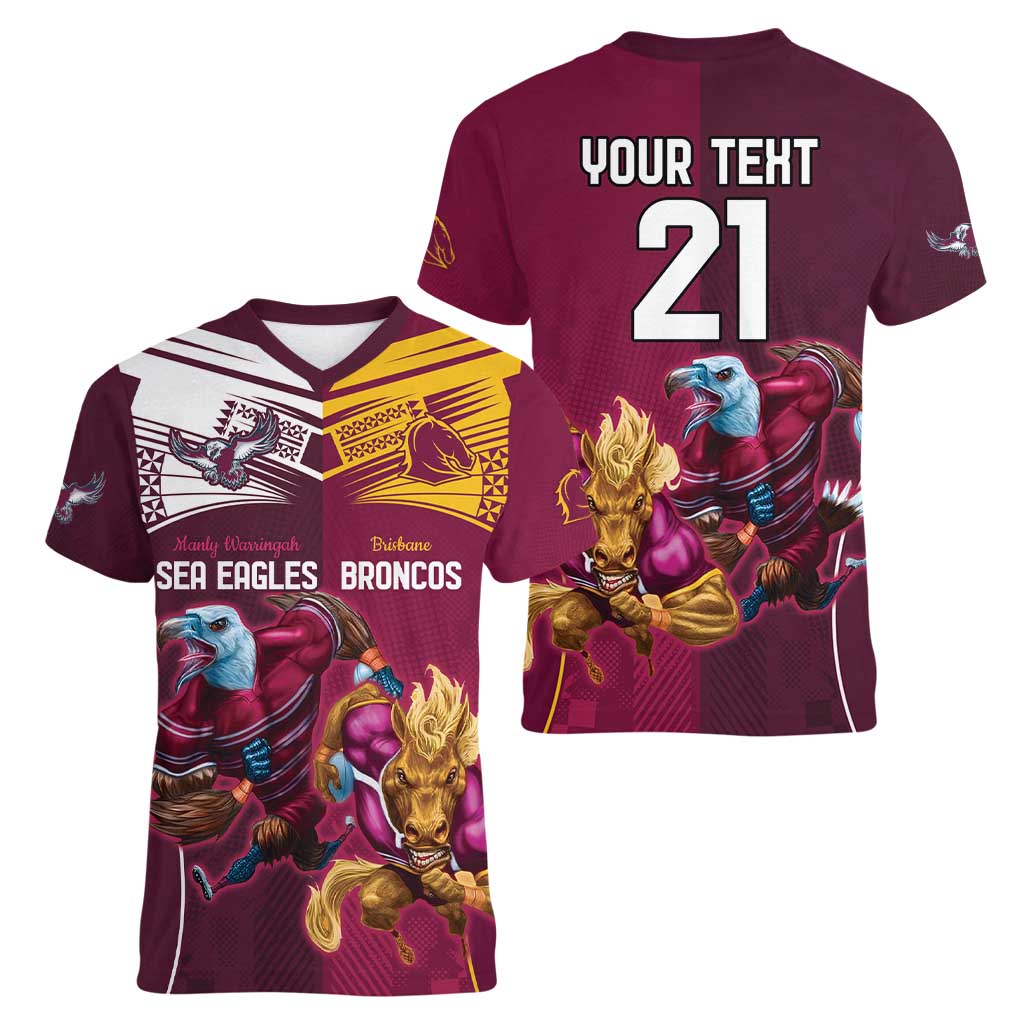 Custom Sea Eagles And Broncos Rugby Women V-Neck T-Shirt Sporty Style