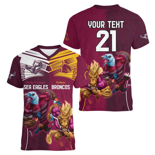 Custom Sea Eagles And Broncos Rugby Women V-Neck T-Shirt Sporty Style