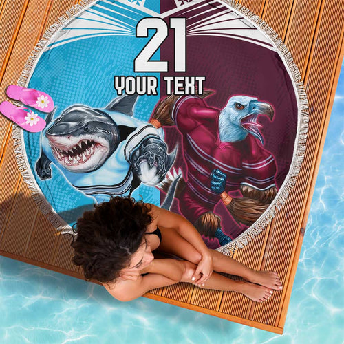 Custom Sea Eagles And Sharks Rugby Beach Blanket Sporty Style