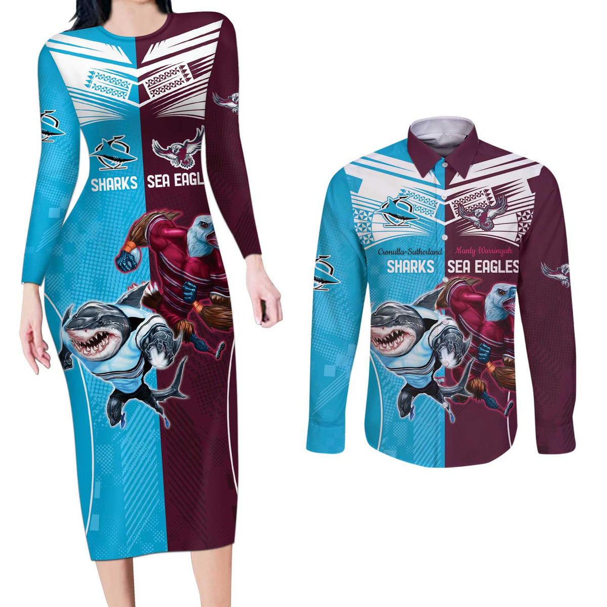 Custom Sea Eagles And Sharks Rugby Couples Matching Long Sleeve Bodycon Dress and Long Sleeve Button Shirt Sporty Style