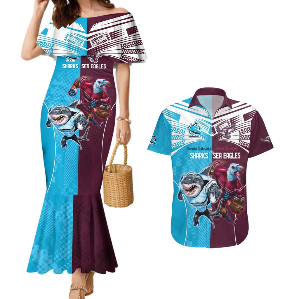 Custom Sea Eagles And Sharks Rugby Couples Matching Mermaid Dress and Hawaiian Shirt Sporty Style