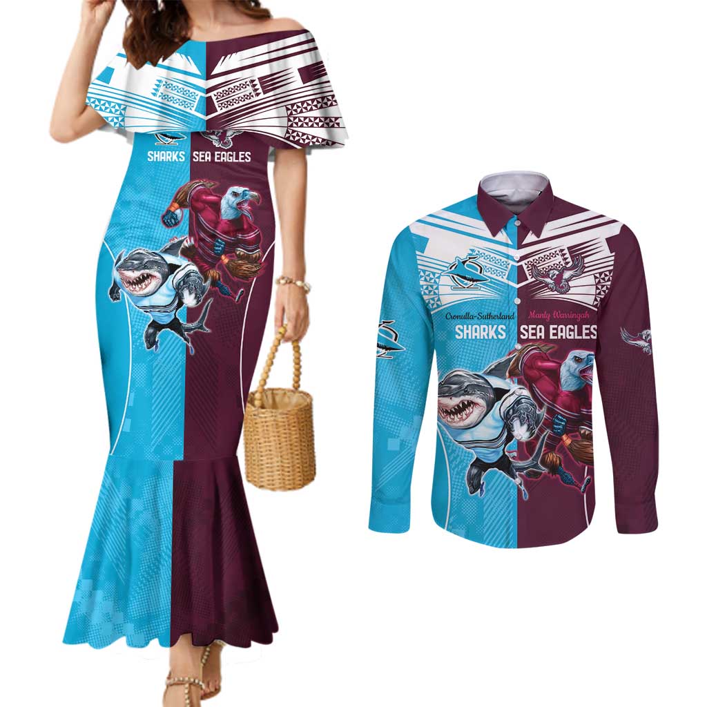 Custom Sea Eagles And Sharks Rugby Couples Matching Mermaid Dress and Long Sleeve Button Shirt Sporty Style