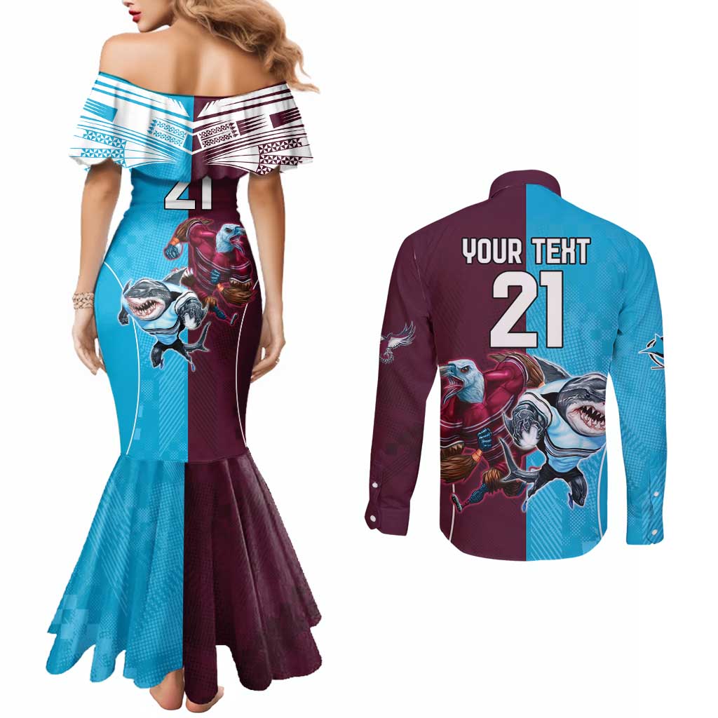 Custom Sea Eagles And Sharks Rugby Couples Matching Mermaid Dress and Long Sleeve Button Shirt Sporty Style