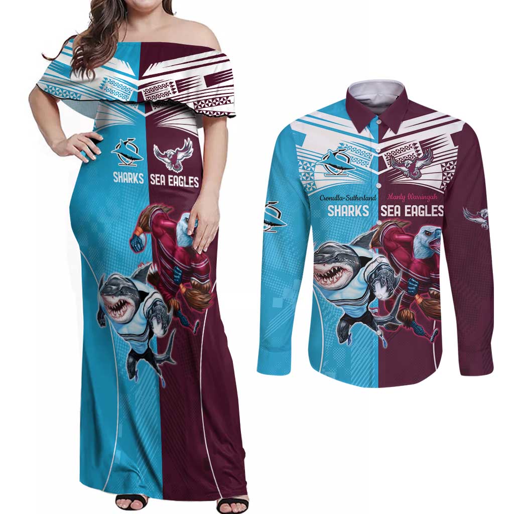 Custom Sea Eagles And Sharks Rugby Couples Matching Off Shoulder Maxi Dress and Long Sleeve Button Shirt Sporty Style