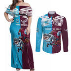 Custom Sea Eagles And Sharks Rugby Couples Matching Off Shoulder Maxi Dress and Long Sleeve Button Shirt Sporty Style
