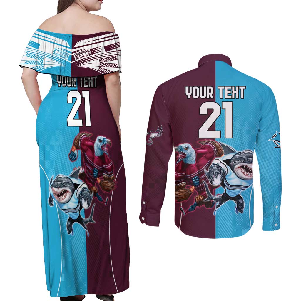 Custom Sea Eagles And Sharks Rugby Couples Matching Off Shoulder Maxi Dress and Long Sleeve Button Shirt Sporty Style
