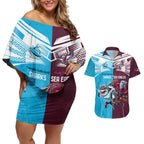 Custom Sea Eagles And Sharks Rugby Couples Matching Off Shoulder Short Dress and Hawaiian Shirt Sporty Style