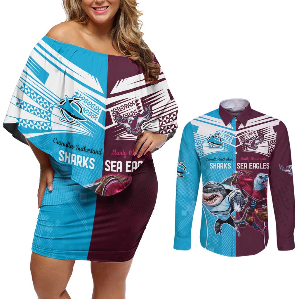 Custom Sea Eagles And Sharks Rugby Couples Matching Off Shoulder Short Dress and Long Sleeve Button Shirt Sporty Style