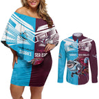 Custom Sea Eagles And Sharks Rugby Couples Matching Off Shoulder Short Dress and Long Sleeve Button Shirt Sporty Style