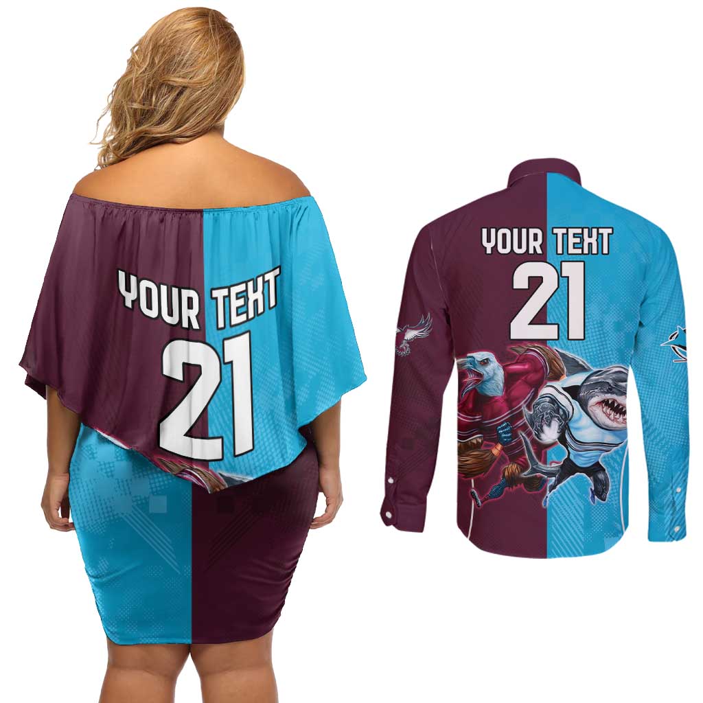 Custom Sea Eagles And Sharks Rugby Couples Matching Off Shoulder Short Dress and Long Sleeve Button Shirt Sporty Style