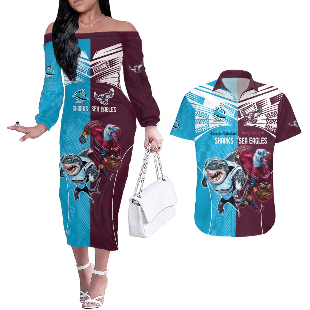 Custom Sea Eagles And Sharks Rugby Couples Matching Off The Shoulder Long Sleeve Dress and Hawaiian Shirt Sporty Style