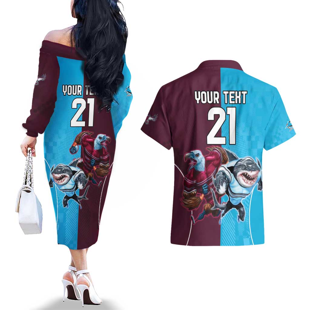 Custom Sea Eagles And Sharks Rugby Couples Matching Off The Shoulder Long Sleeve Dress and Hawaiian Shirt Sporty Style