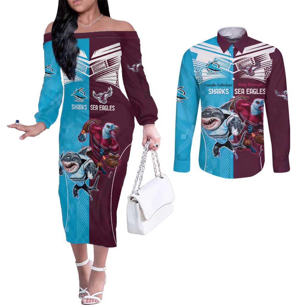 Custom Sea Eagles And Sharks Rugby Couples Matching Off The Shoulder Long Sleeve Dress and Long Sleeve Button Shirt Sporty Style