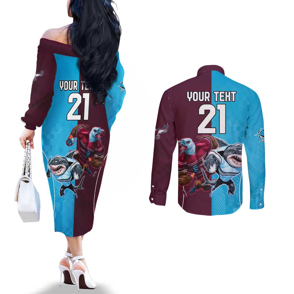 Custom Sea Eagles And Sharks Rugby Couples Matching Off The Shoulder Long Sleeve Dress and Long Sleeve Button Shirt Sporty Style