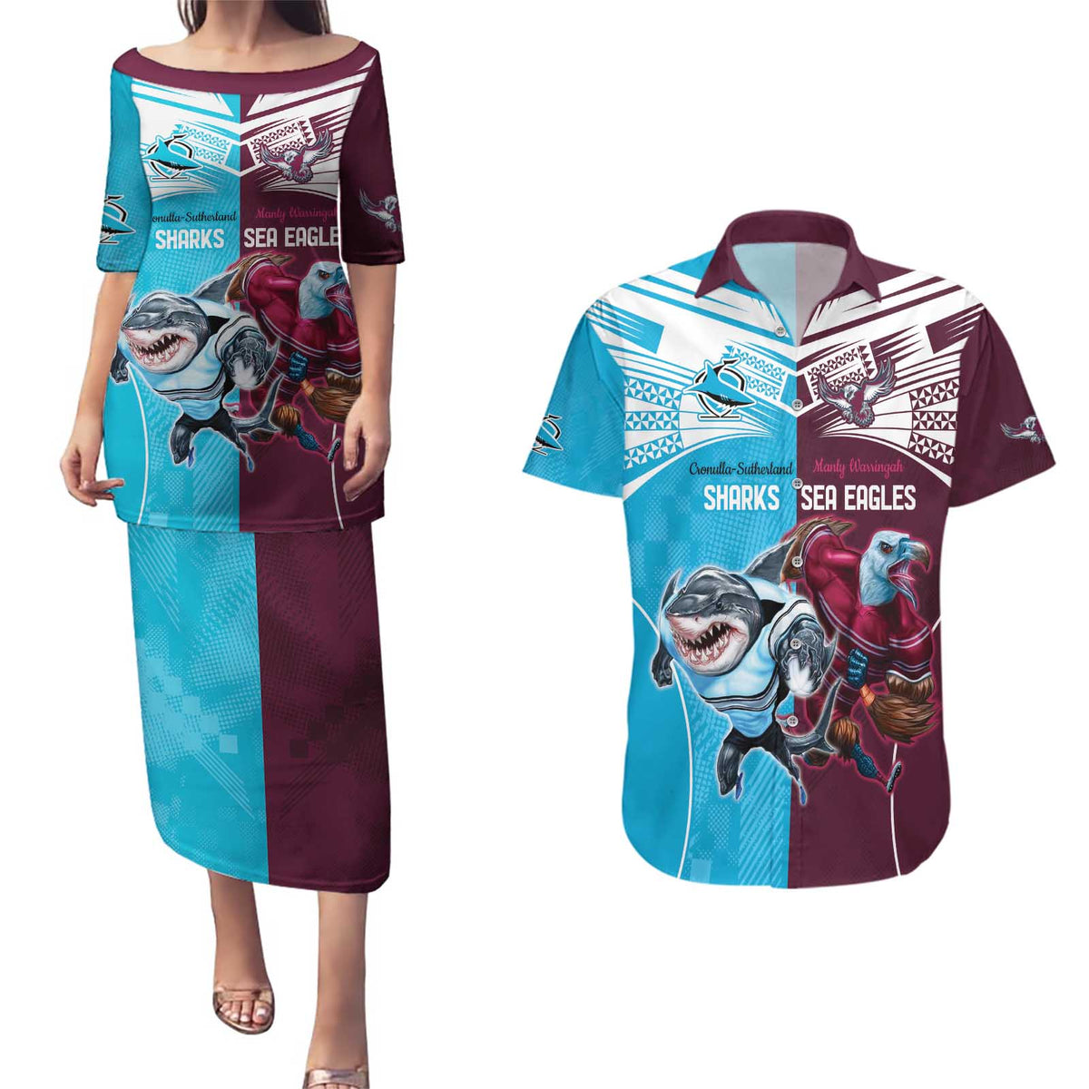 Custom Sea Eagles And Sharks Rugby Couples Matching Puletasi and Hawaiian Shirt Sporty Style