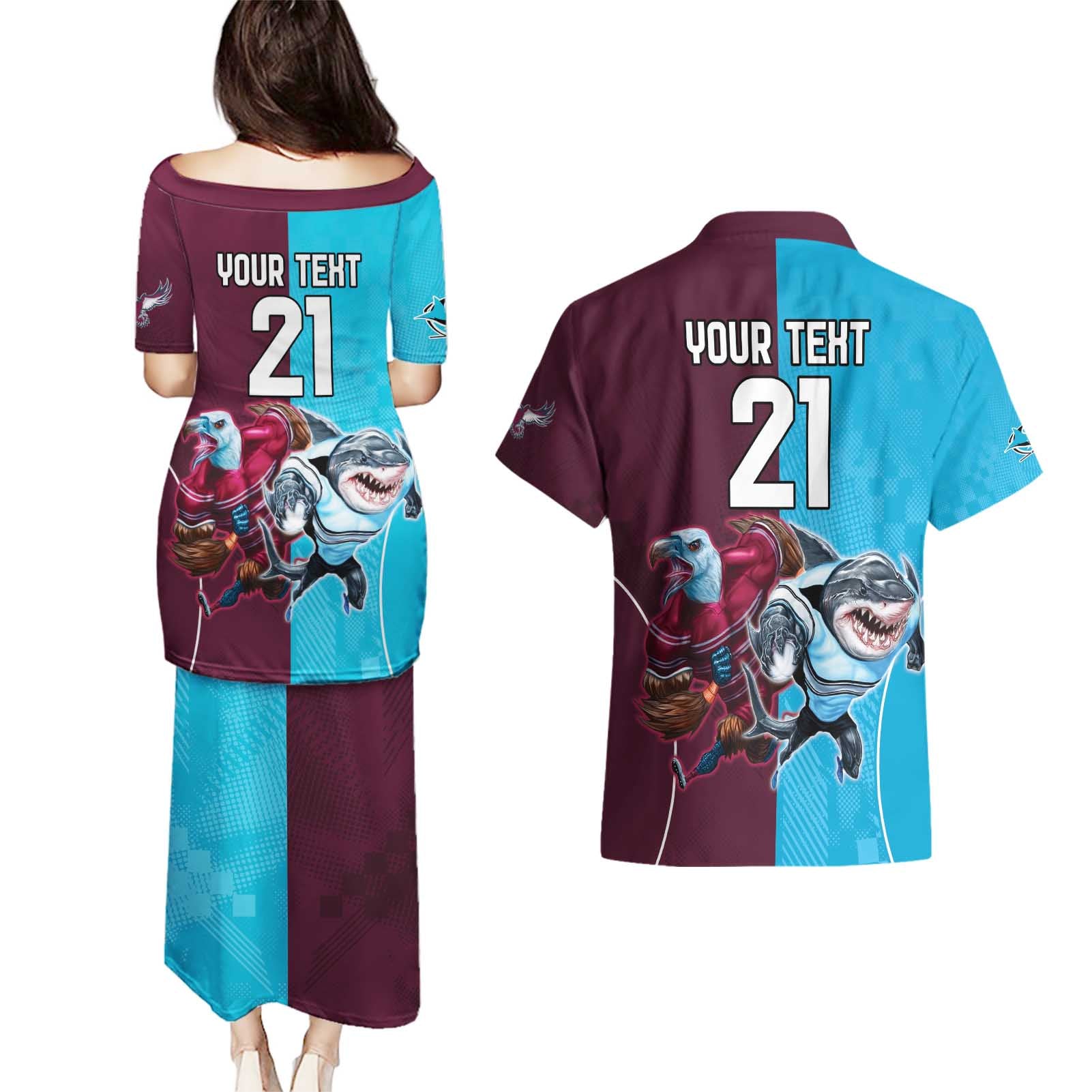 Custom Sea Eagles And Sharks Rugby Couples Matching Puletasi and Hawaiian Shirt Sporty Style