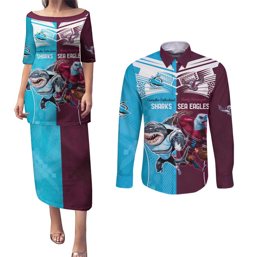 Custom Sea Eagles And Sharks Rugby Couples Matching Puletasi and Long Sleeve Button Shirt Sporty Style