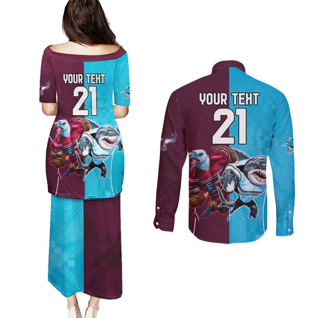 Custom Sea Eagles And Sharks Rugby Couples Matching Puletasi and Long Sleeve Button Shirt Sporty Style