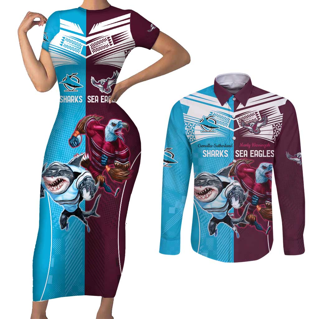 Custom Sea Eagles And Sharks Rugby Couples Matching Short Sleeve Bodycon Dress and Long Sleeve Button Shirt Sporty Style
