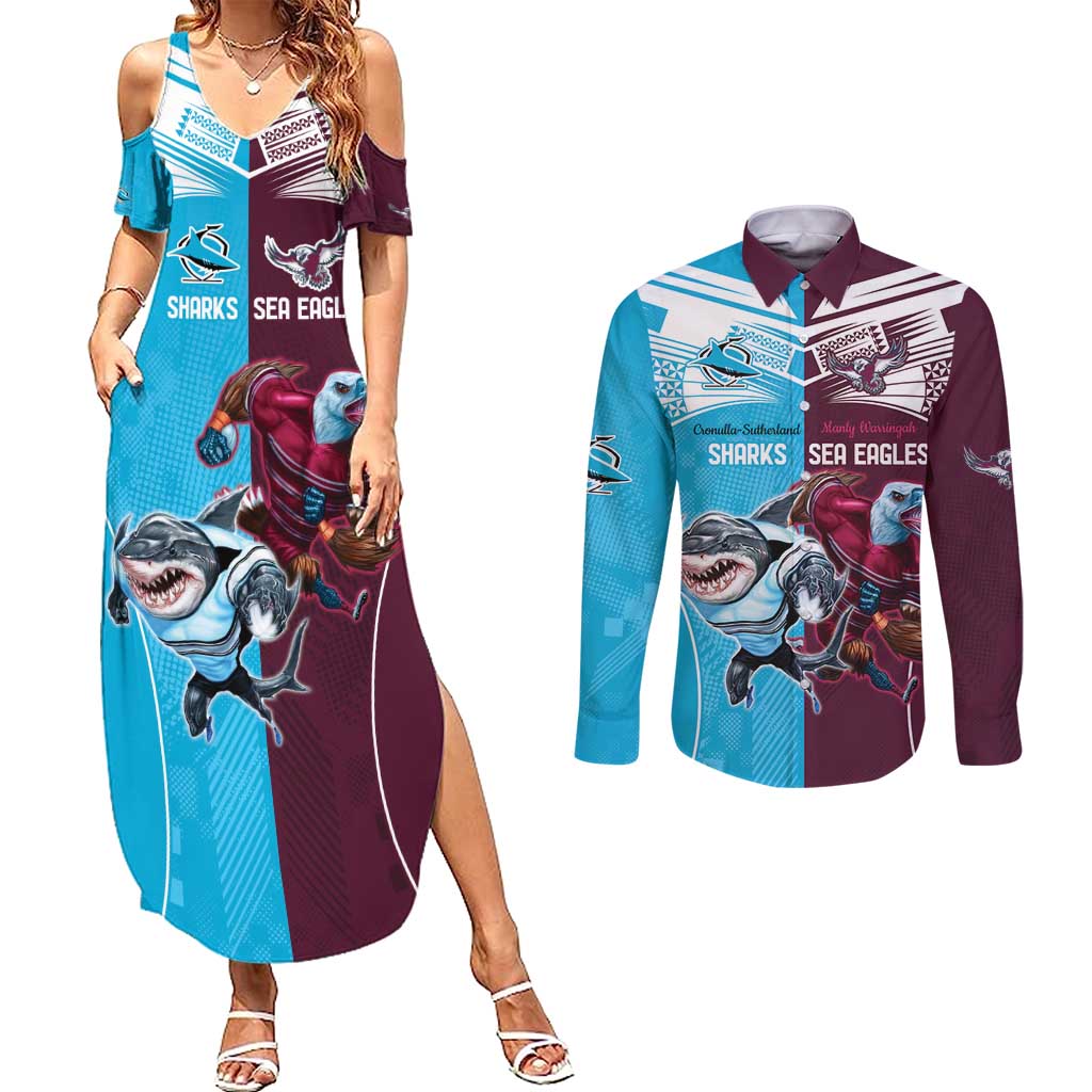 Custom Sea Eagles And Sharks Rugby Couples Matching Summer Maxi Dress and Long Sleeve Button Shirt Sporty Style