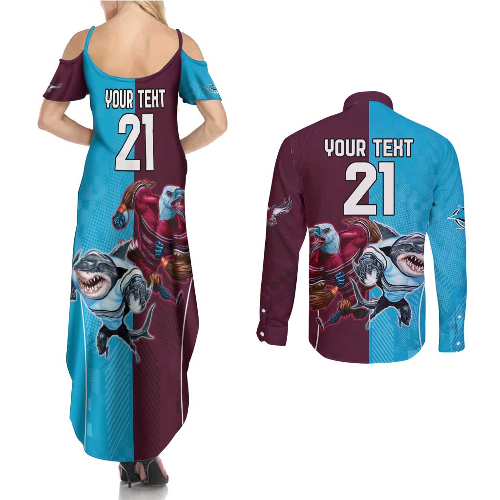 Custom Sea Eagles And Sharks Rugby Couples Matching Summer Maxi Dress and Long Sleeve Button Shirt Sporty Style