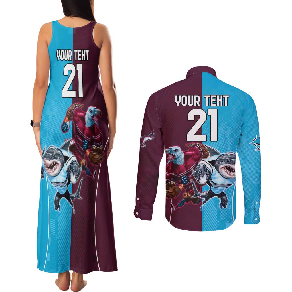 Custom Sea Eagles And Sharks Rugby Couples Matching Tank Maxi Dress and Long Sleeve Button Shirt Sporty Style