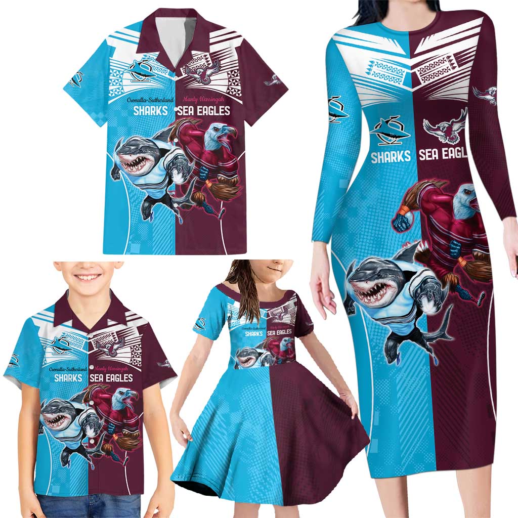 Custom Sea Eagles And Sharks Rugby Family Matching Long Sleeve Bodycon Dress and Hawaiian Shirt Sporty Style