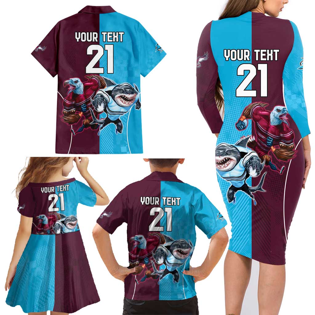 Custom Sea Eagles And Sharks Rugby Family Matching Long Sleeve Bodycon Dress and Hawaiian Shirt Sporty Style
