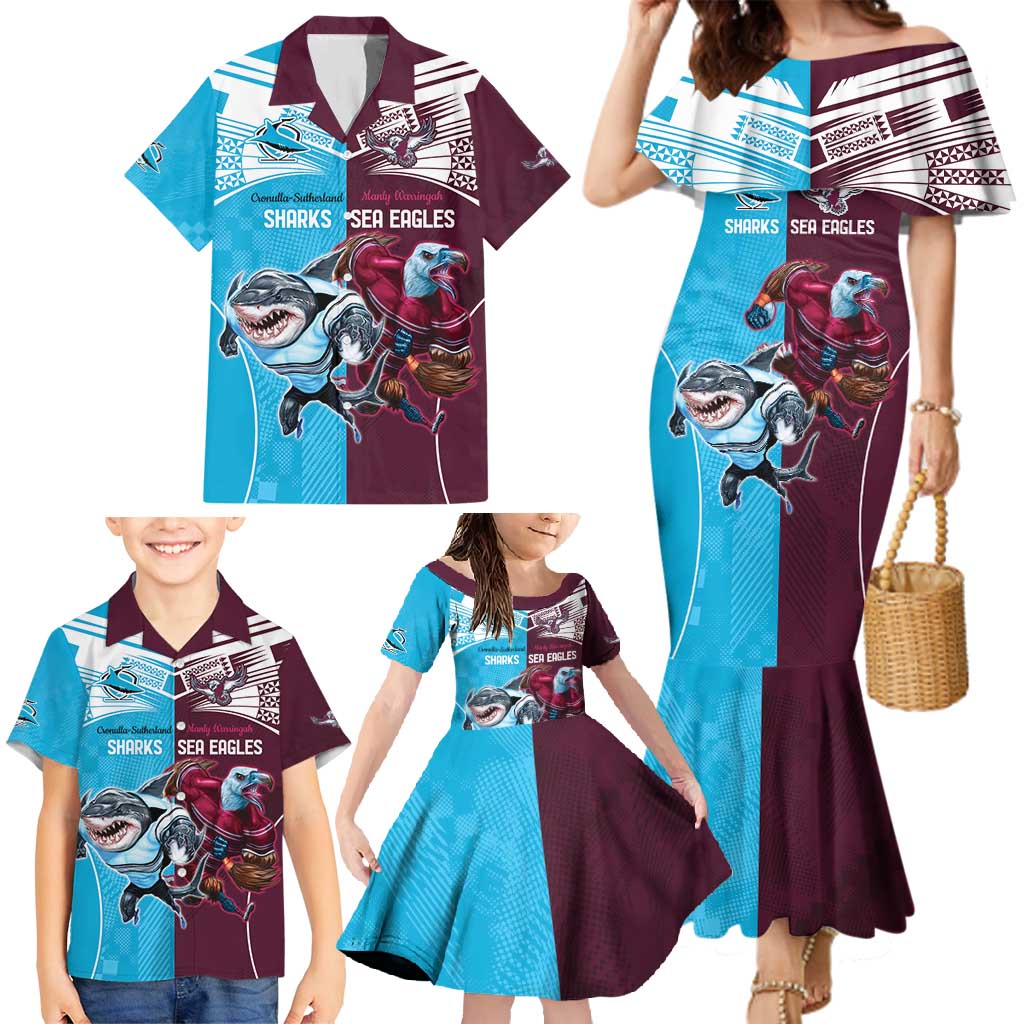 Custom Sea Eagles And Sharks Rugby Family Matching Mermaid Dress and Hawaiian Shirt Sporty Style